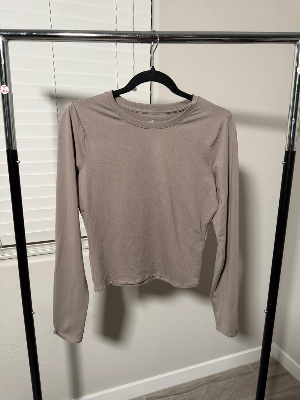 Hollister Long-Sleeve Crewneck Top in Taupe